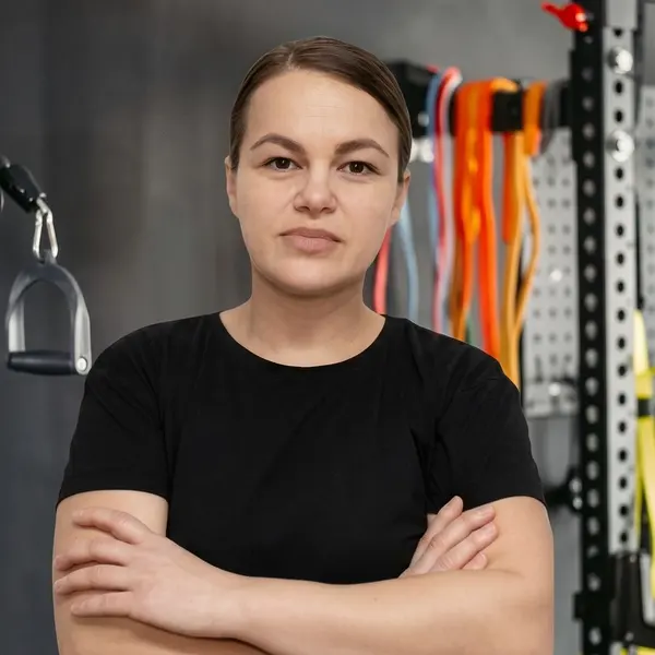 Miljana Stojčić, trenerka u Vežbaonici, stoji prekrštenih ruku u studiju